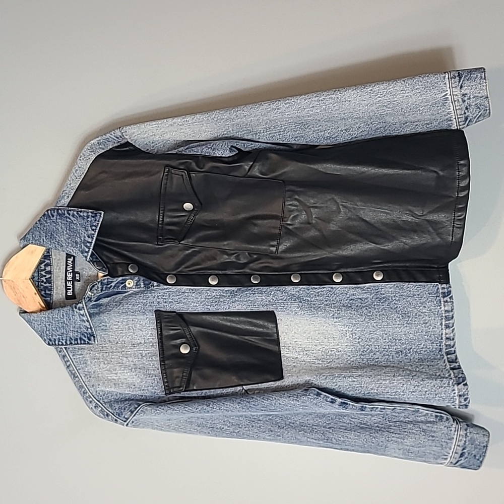 Blue Revival Faux Leather Panel Shirt Jacket Size XS Western Country Chic Denim‎